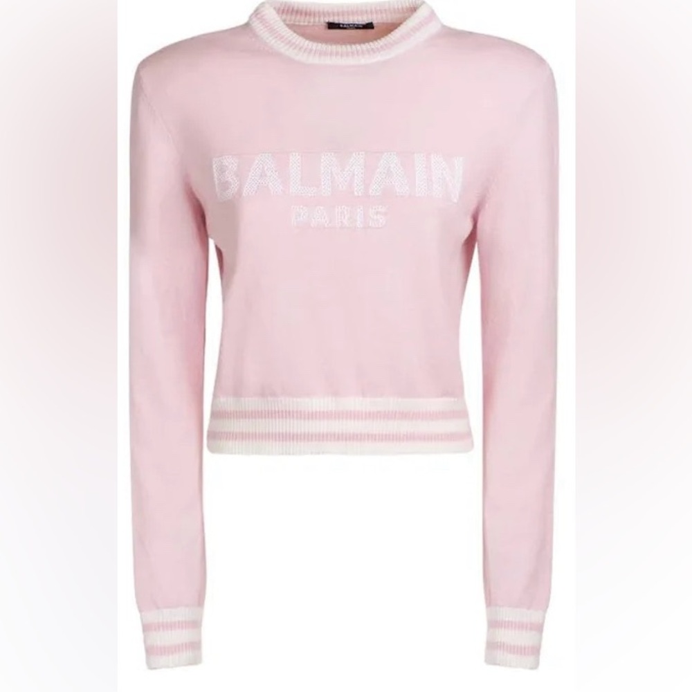 Balmain Intarsia Logo Cropped Wool-Blend Knit Sweater Pink/White SZ 8US/40FR NWD